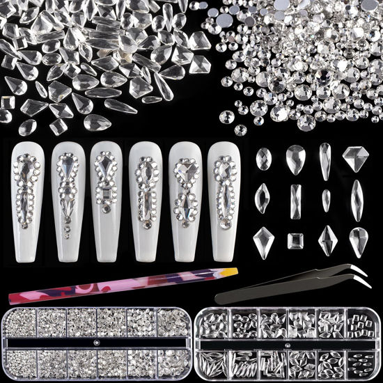 Picture of Multi Shapes Transparent White 3D Glass Crystal Nail Art Rhinestones Kit with Flatback Round Bead Charm Gem Stone Jewelry Diamond with Pickup Pen + Tweezer for Manicure Makeup DIY Craft Decoration