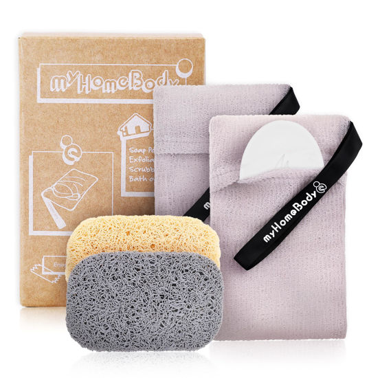 Picture of myHomeBody Soap Pocket Exfoliating Soap Saver Pouch, Body Scrubber Sponge, Exfoliator for Bath or Shower, for Large Bar Soap or Leftover Bits, White Smoke, 2 Pack + 2 Soap Lifting Pads
