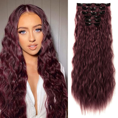 Picture of Clip In Hair Extensions, LONAI 6PCS Curly 24" Long Synthetic Clip On Hairpiece For Women-Burgunry