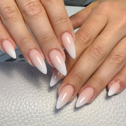 Picture of SINSEN Almond Press on Nails Medium - Gradient White Press on Nails, Glossy Nude Pink Fake Nails with Adhesive Glue Stickers, Reusable Stick on Nails in 12 Sizes, 24 Pcs Medium Almond Nails