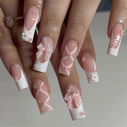 Picture of SINSEN Long Square Press on Nails - 3D Flowers Fake Nails, Glossy White French Tip Glue on Nails, Reusable Stick on Nails in 12 Sizes, 24 Pcs Long Square French Nails