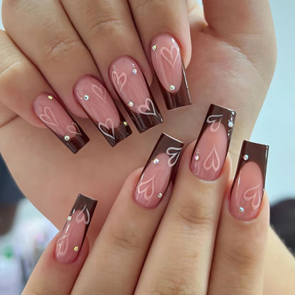 Picture of SINSEN Medium Square Press on Nails, 24 Pcs, Glossy Brown Pink French Tip, Reusable Stick on Nails in 10 Sizes, with Adhesive Glue Stickers