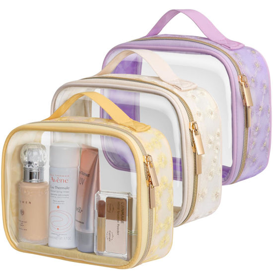 Picture of PACKISM TSA Approved Toiletry Bag - Floral Texture Lace clear Makeup Bags, Ease of Clamshell Closing, Handles and Double Zippers, 0.5 mm Thicker TSA Toiletry Bag, Multicolor