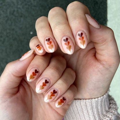 Picture of 30Pcs Fall Press on Nails Short Almond Fake Nails with Cute Hearts Designs Acrylic Stick on Nails Glossy Artificial Nails Christmas Full Cover False Nails for Women Girls Valentine Glue on Nails