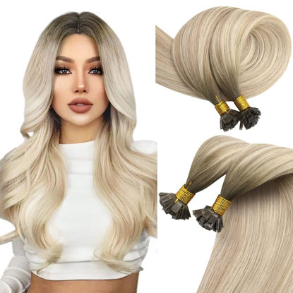 Picture of [New Hues]Sunny Flat Tip Hair Extensions U Tip Human Hair Extensions Light Ash Brown to Blonde Highlights Platinum Blonde Hot Fusions Flat Tip Remy Hair Extensions Keratin Flat Extensions 50g 22inch