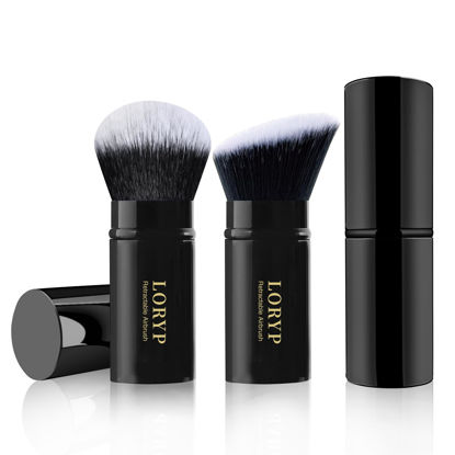 Picture of LORYP Retractable Makeup Brush Black Kabuki Foundation Brush for liquid Cream and Powder Makeup 2 Pack Travel Makeup Brush Set