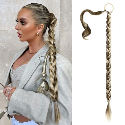 Picture of SEIKEA Long DIY Braided Ponytail Extension with Hair Tie Straight Wrap Around Hair Extensions Ponytail Natural Soft Hairpiece Light Brown with Medium Golden Blonde 34 Inch (After Braided 30 Inch)
