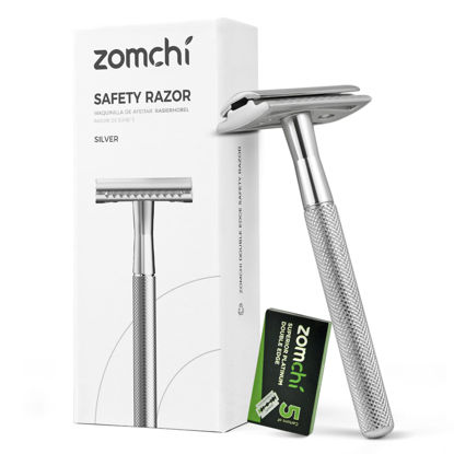 Picture of ZOMCHI Double Edge Safety Razor for Men & Women, Metal Razor with 5 Double Edge Safety Razor Blades, Single Blade Razor - Silver