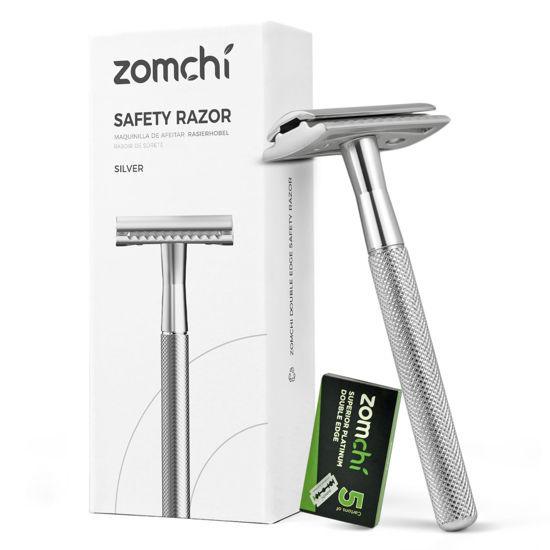 Picture of ZOMCHI Double Edge Safety Razor for Men & Women, Metal Razor with 5 Double Edge Safety Razor Blades, Single Blade Razor - Silver