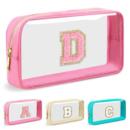 Picture of UIXIZQ Personalized Initial Letter Clear Makeup Bag,Preppy Small Nylon&PVC Cosmetic Zipper Bag with Chenille Letter,Travel Skincare Toiletry Bag,Monogram Pencil Case Pouch Gift for Teen Girls Women,D