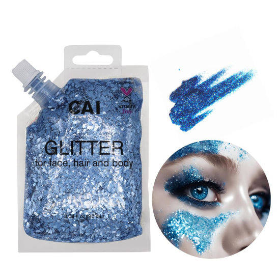 Picture of Glitter Gel Makeup- Face, Body & Hair (Moons Blue) Chunky Iridescent Holograph Stars & Moon, 3 oz | Cosmetic-Grade, Apply Without Glue, Easy to Take Off & Keep Skin Clean - for Concerts, Raves