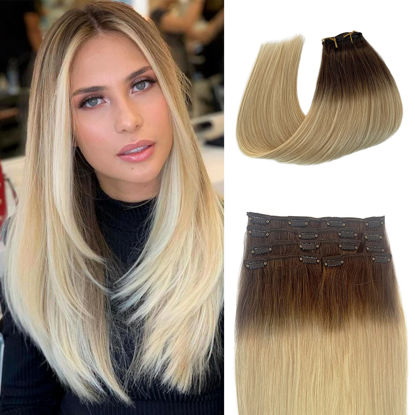 Picture of Clip in Hair Extensions Ombre Hair Extensions Clip in Human Hair #8 Ash Brown to #60 Platinum Blonde 70grams 7pcs Double Weft Straight Ombre Blonde Remy Hair Extensions 22 Inch