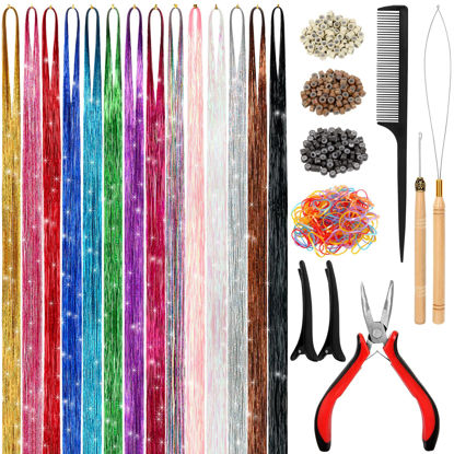 Picture of Hair Tinsel Kit (48 Inch,14 Colors, 3500 strands), Tinsel Hair Extensions with Tools, Heat Resistant Fairy Hair Tinsel Kit for Women Hair Accessories