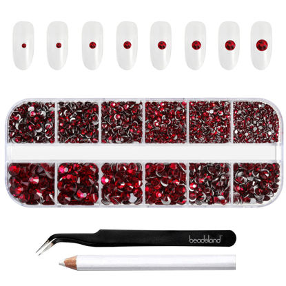 Picture of Beadsland Rhinestones for Makeup,8 sizes 2500pcs Dark Red Flatback Rhinestones Face Gems for Nails Crafts with Tweezers and Wax Pencil,Dark Siam,SS4-SS30
