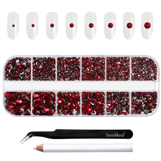 Picture of Beadsland Rhinestones for Makeup,8 sizes 2500pcs Dark Red Flatback Rhinestones Face Gems for Nails Crafts with Tweezers and Wax Pencil,Dark Siam,SS4-SS30