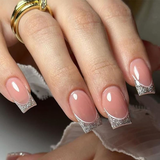 Picture of French Tip Press on Nails Short Square Fake Nails Silver Glitter Nails Tips Acrylic Nails Glossy Glue on Nails Nude Nutare Stick on Nails for Women Girls Nails Decoration 24 Pcs