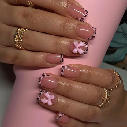 Picture of French Tip Press on Nails Short Square Fake Nails Pink Leopard Acrylic Nails with Bow Charms Designs Full Cover Glue on Nails Nude Pink Glossy Stick on Nails for Women Girls 24Pcs