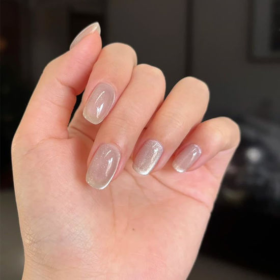 Picture of Nude Press on Nails Short Fake Nails Squoval Glossy Acrylic Nails White Shiny Glitter False Nails Square Full Cover Glue on Nails for Cat Eye, Nature Stick on Nails for Women Manicure 24Pcs