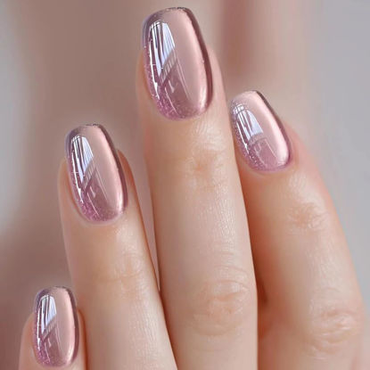 Picture of 24Pcs Cat Eye Press on Nails Short Square Fake Nails Pink Cat Eye Glossy Acrylic False Nails Chrome Designs Full Cover Glue on Nails Purple Artificial Nails Ombre Stick on Nails for Women Manicure