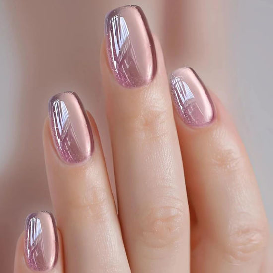 Picture of 24Pcs Cat Eye Press on Nails Short Square Fake Nails Pink Cat Eye Glossy Acrylic False Nails Chrome Designs Full Cover Glue on Nails Purple Artificial Nails Ombre Stick on Nails for Women Manicure