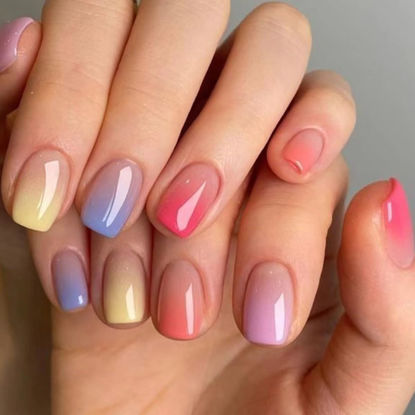 Picture of Ombre Press on Nails Short Square Fake Nails Glossy Rainbow Acrylic False Nails with Colorful Gradation Desigs Glue on Nails Press Ons Cute Summer Nails Kit Stick on Nails for Women Girls 24Pcs