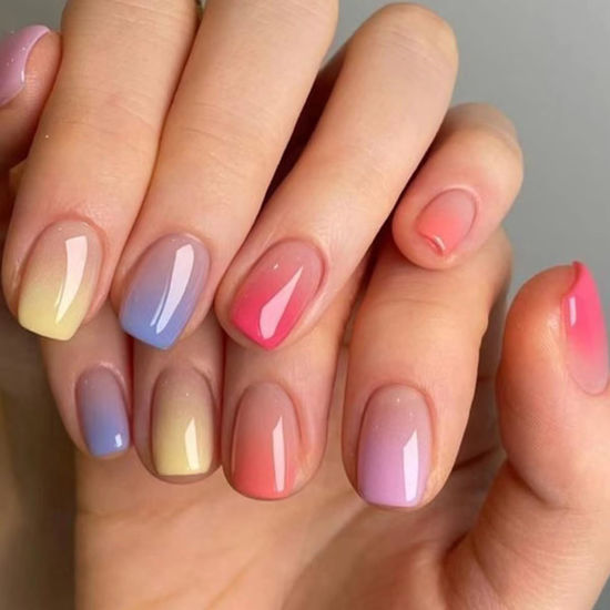Picture of Ombre Press on Nails Short Square Fake Nails Glossy Rainbow Acrylic False Nails with Colorful Gradation Desigs Glue on Nails Press Ons Cute Summer Nails Kit Stick on Nails for Women Girls 24Pcs