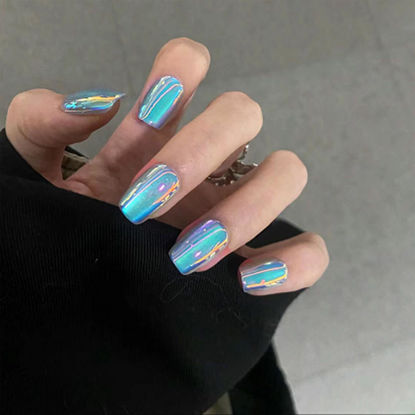 Picture of Blue Chrome Press on Nails Short Square Fake Nails Shiny Mirror Acrylic Nails Glossy False Nails Aurora Full Cover Glue on Nails Gradation Ombre Stick on Nails for Women Manicure 24Pcs