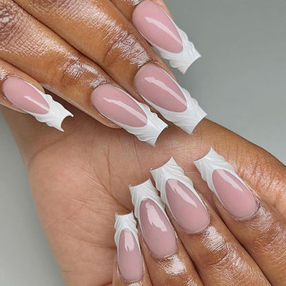 Picture of French Tip Press on Nails Medium Coffin Fake Nails with 3D Wave Designs White Nail Tips Square Acrylic Nails Full Cover Glue on Nails Nutare Stick on Nails for Manicure 24Pcs