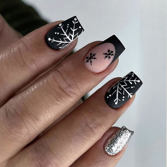 Picture of Snowflake Press on Nails Medium Square Fake Nails Black French Tip Nails Press ons Silver Glitter Acrylic Nails Short Stick on Nails Snowflake Glue on Nails for Women Girls 24Pcs