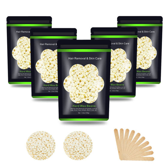 Picture of Auperwel Wax Beads for Hair Removal 1.1 lb (17.6 oz), Hard Wax Beads for Sensitive Skin - Brazilian, Face, Bikini, Legs, Eyebrow, Painless Waxing Beads Kit for Women Men, 5 Packs with 10 Wax Sticks