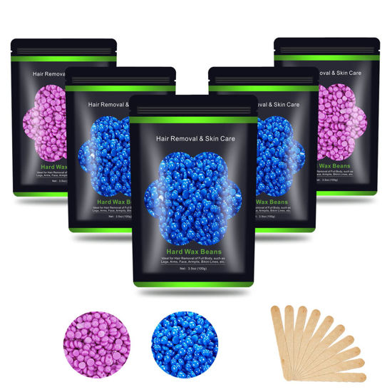 Picture of Auperwel Wax Beads for Hair Removal 1.1 lb (17.6 oz), Hard Wax Beads for Sensitive Skin - Brazilian, Face, Bikini, Legs, Eyebrow, Painless Waxing Beads Kit for Women Men, 5 Packs with 10 Wax Sticks
