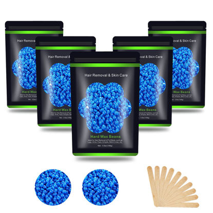 Picture of Auperwel Wax Beads for Hair Removal 1.1 lb (17.6 oz), Hard Wax Beads for Sensitive Skin - Brazilian, Face, Bikini, Legs, Eyebrow, Painless Waxing Beads Kit for Women Men, 5 Packs with 10 Wax Sticks