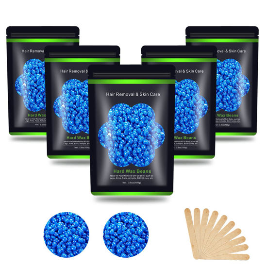 Picture of Auperwel Wax Beads for Hair Removal 1.1 lb (17.6 oz), Hard Wax Beads for Sensitive Skin - Brazilian, Face, Bikini, Legs, Eyebrow, Painless Waxing Beads Kit for Women Men, 5 Packs with 10 Wax Sticks