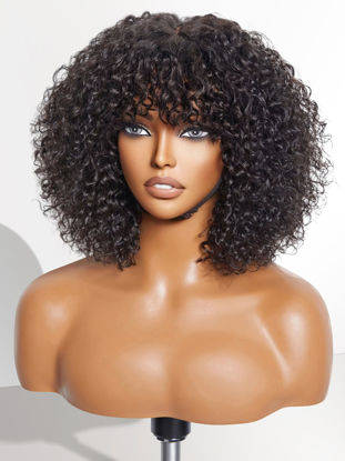 Picture of LUVME HAIR 10 Inch Short Curly Wigs with Bangs Water Wave Bob Wig Human Hair Short Black Wig for Women