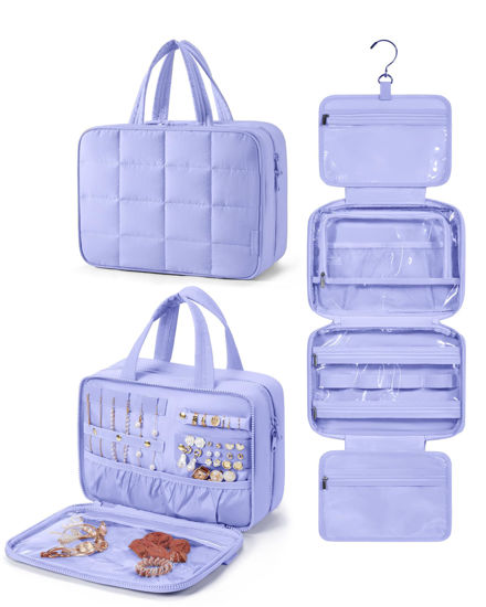 Picture of BAGSMART Travel Toiletry Bag with Jewelry Organizer, Hanging Travel Bag for Toiletries, Puffy Makeup Cosmetic Bag Organizer, Carry-on Travel Accessories Essentials, Purple-L