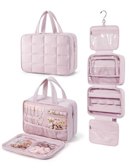 Picture of BAGSMART Travel Toiletry Bag with Jewelry Organizer, Hanging Travel Bag for Toiletries, Puffy Makeup Cosmetic Bag Organizer, Carry-on Travel Accessories Essentials, Pink-L