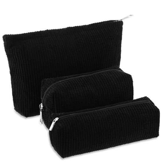 Picture of Huhumy 3 Pcs Makeup Bag Set Corduroy Cosmetic Bag for Women Aesthetic Smile Travel Toiletry Bag Cute Purse Pouch Pencil Case Makeup Brushes Storage Bag Organizer with Zipper(Black,Solid Style)