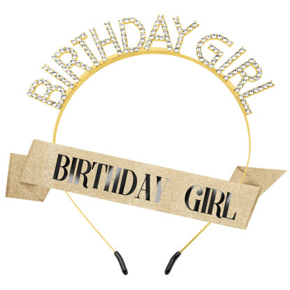 Picture of Birthday Sash Birthday Crown for Women, Birthday Girl Sash, Birthday Girl Crown, Glitter Gold Birthday Sash and Crown Rhinestone Headband Set, Happy Birthday Girl Princess Tiara Sash Accessories