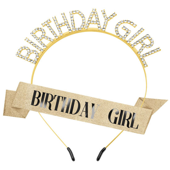 Picture of Birthday Sash Birthday Crown for Women, Birthday Girl Sash, Birthday Girl Crown, Glitter Gold Birthday Sash and Crown Rhinestone Headband Set, Happy Birthday Girl Princess Tiara Sash Accessories