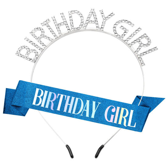 Picture of Birthday Sash Birthday Crown for Women, Birthday Girl Sash, Birthday Girl Crown, Glitter Deep Blue Birthday Sash and Crown Rhinestone Headband Set, Happy Birthday Girl Princess Tiara Sash Accessories