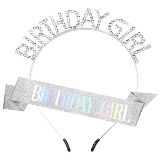 Picture of Birthday Crown Birthday Sash for Women, Birthday Girl Sash, Birthday Girl Crown, Glitter Silver Birthday Sash and Crown Rhinestone Headband Set, Happy Birthday Girl Princess Tiara Sash Accessories