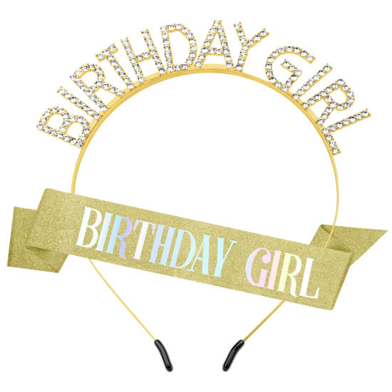 Picture of Women's Birthday Girl Sash and Crown Set: Glitter Gold Yellow Rhinestone Headband, Happy Princess Tiara Accessories