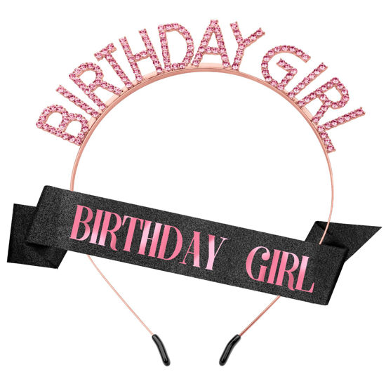 Picture of Birthday Crown Birthday Sash for Women, Birthday Girl Sash, Birthday Girl Crown, Glitter Black Birthday Sash and Crown Rhinestone Headband Set, Happy Birthday Girl Princess Tiara Sash Accessories