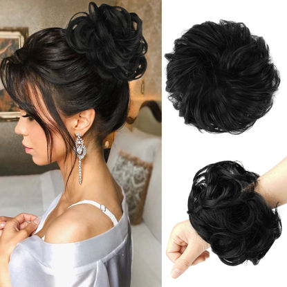 Picture of FESHFEN Messy Hair Bun Hair Pieces Curly Wavy Off Black Large Hair Bun Scrunchies Extensions Synthetic Tousled Updo Hairpieces for Women Girls Daily Wear