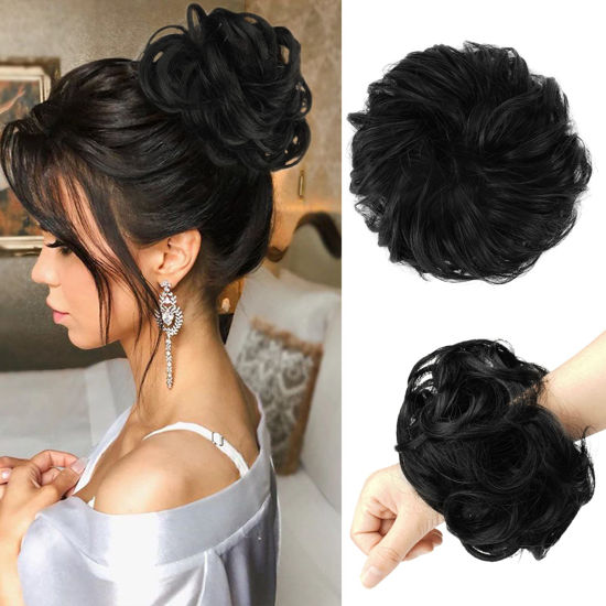 Picture of FESHFEN Messy Hair Bun Hair Pieces Curly Wavy Off Black Large Hair Bun Scrunchies Extensions Synthetic Tousled Updo Hairpieces for Women Girls Daily Wear