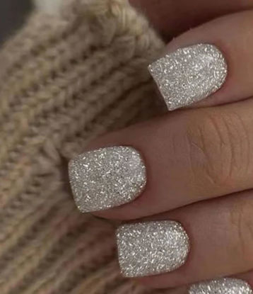 Picture of Curvlife Press on Nails Acrylic Fake Nails with Design Full Cover False Nails Reusable Nail Kit with Nail Glue Adhesive Tabs Nail File Artificial Glue on Nails (Silver with glitter, 30pcs)