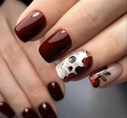 Picture of Curvlife Press on Nails Acrylic Fake Nails with Design Full Cover False Nails Reusable Nail Kit with Nail Glue Adhesive Tabs Nail File Artificial Glue on Nails (Red skull, 30pcs)