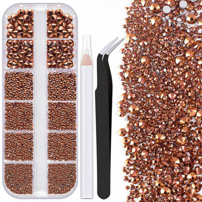 Picture of One Pack 2000 Pcs of Flatback Round Rose Gold Rhinestones 6 Sizes (1.5-6 mm) with Nail Art Rhinestone Picker Pencil And Tweezers For DIY And Salon Use