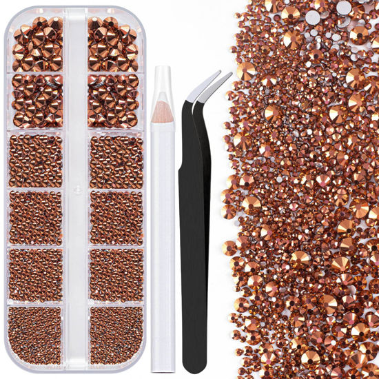 Picture of One Pack 2000 Pcs of Flatback Round Rose Gold Rhinestones 6 Sizes (1.5-6 mm) with Nail Art Rhinestone Picker Pencil And Tweezers For DIY And Salon Use