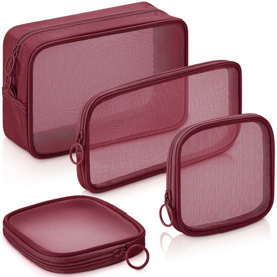 Picture of Weewooday 4 Pcs Mesh Makeup Bag Mesh Cosmetic Bag Travel Toiletry Bag Pouch with Zipper Mini Portable Makeup Cosmetic Travel Toiletry Purse Bag for Daily Accessories (Wine Red,Small, Large, Medium)